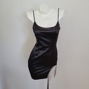 Better Be Rhinestone Fringe Satin Mini Cocktail Dress Small Glam Going Out Party